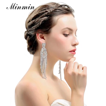 

Minmin Statement Silver Color Crystal Long Tassel Drop Earrings for Women Luxury Wedding Bridal Jewelry Hanging Earrings MEH1000
