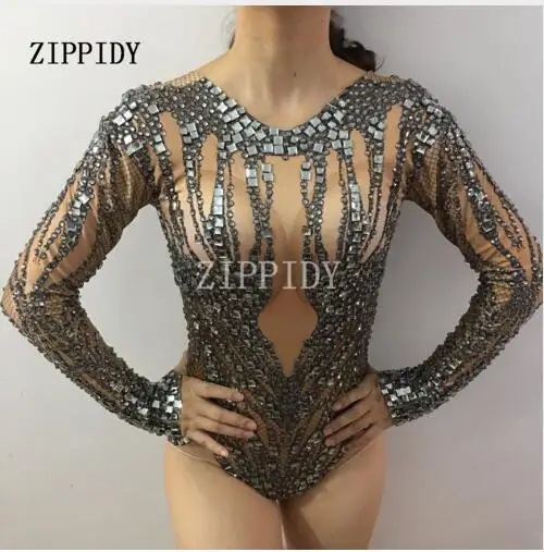 

Fashion Black Crystals Nude Bodysuit Sexy Clubwea Costume Party Celebrate Glisten Rhinestones Stretch Leotard Stage Wea