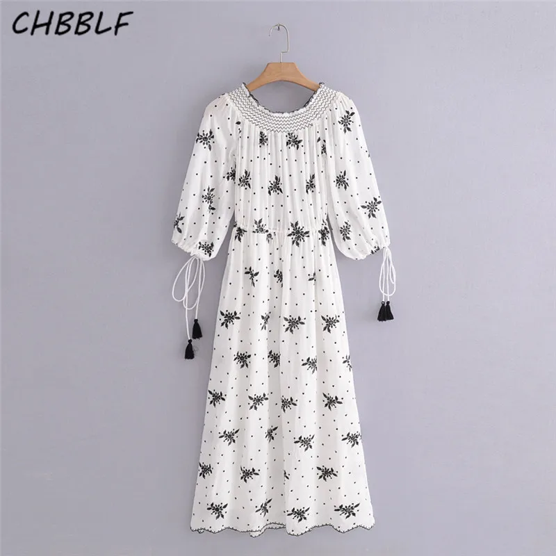 

CHBBLF women vintage floral dress three quarter sleeve off shoulder dress female casual chic long dresses vestidos JHN924