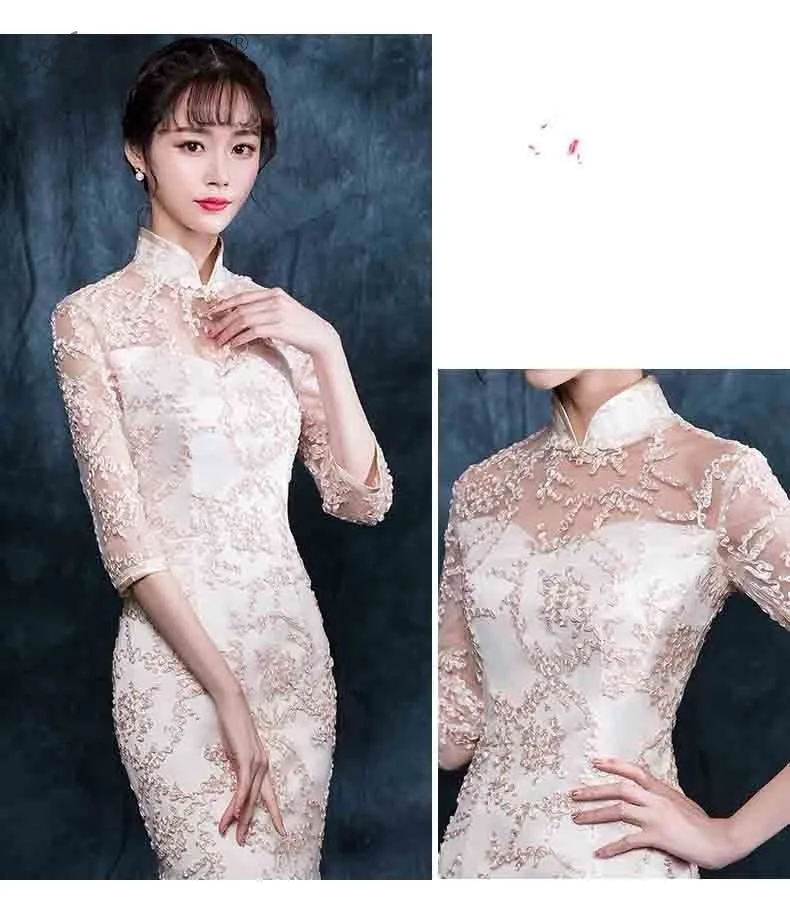 Moda encaje Cheongsam модерано Китай чаман Qi Pao mujeres chino vestido de noche Qipao Восточный estilo sirena vestido tnunica