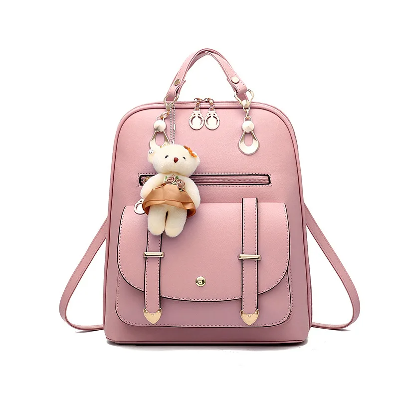 Goedkoop Vrouwelijke Rugzakken voor Meisjes Rugzakken Vrouwen PU Lederen Rugzak Vrouwen Schooltassen Fanny Pack Mochila Met Beer Opknoping Ornament