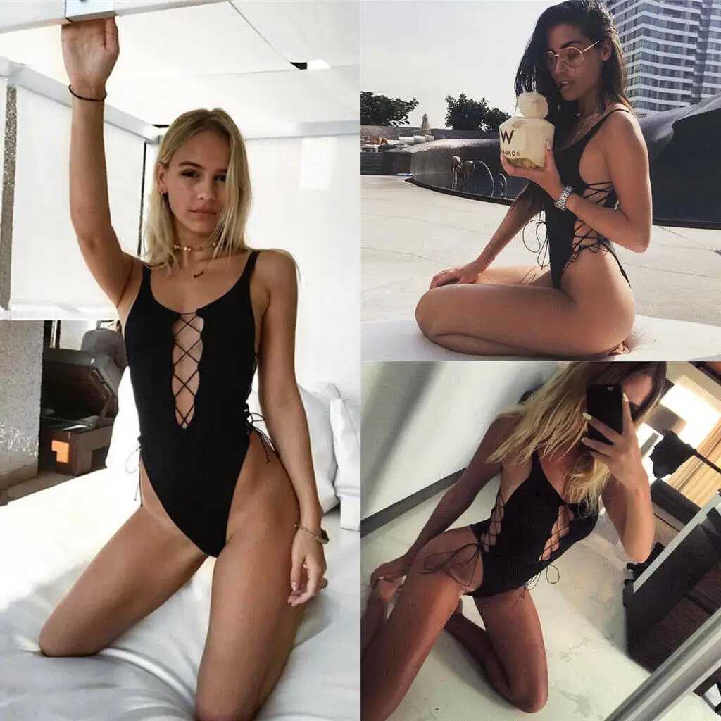 

Women Bandage Sexy Lingerie Nightwear Underwear Black Solid Skinny Bodysuit Sling Sleepwear Teddies Bodysuits Beachwear