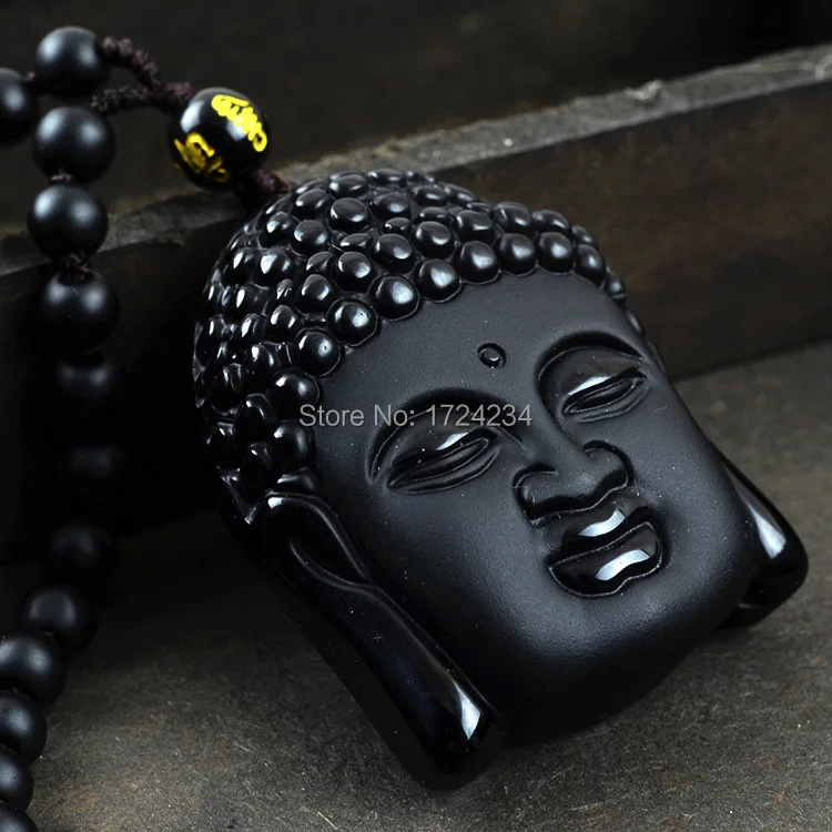 35x45mm Chinese Black Natural Obsidian Carved Buddha head YU pendant ...