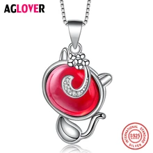 Solid 925 Sterling Silver Fine Jewelry AAA Ruby Cute Cat Pendant Necklace For Women Crystal Jewelry Solid 925 Sterling Silver Fine Jewelry AAA Ruby Cute Cat Pendant Necklace For Women Crystal Jewelry