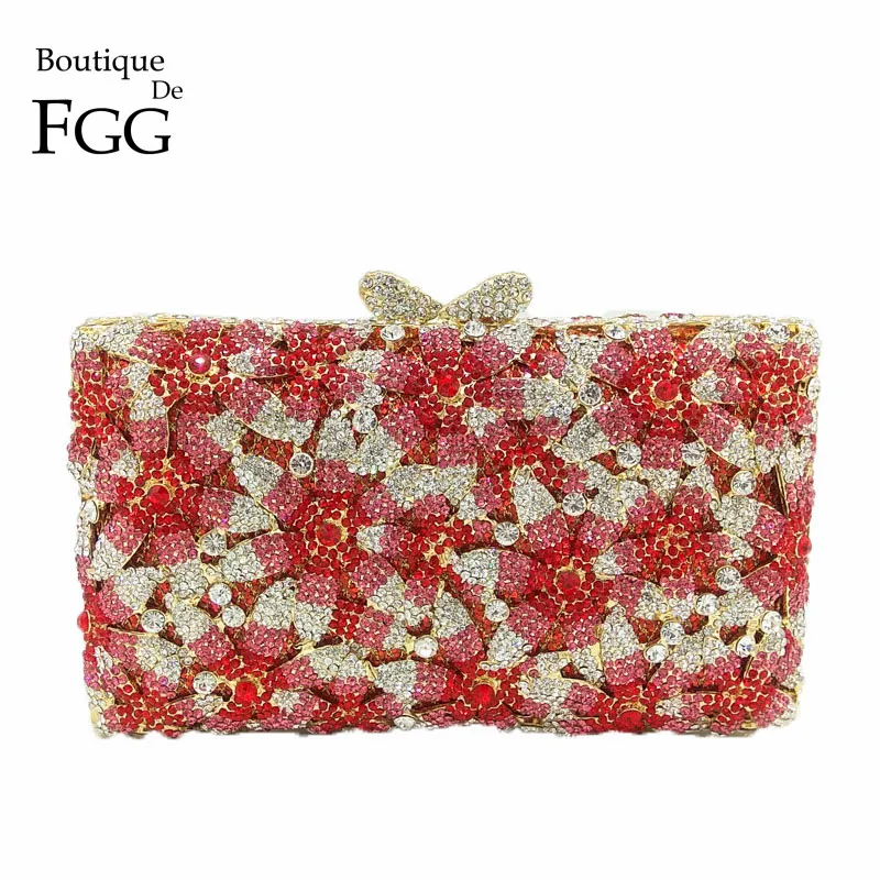 Boutique De FGG Red Crystal Rhinestones Women Flower Evening Purse Metal Minaudiere Handbag Wedding Prom Party Box Clutch Bag