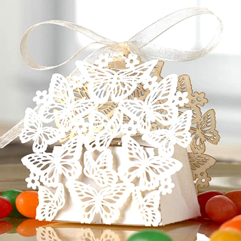 

50pcs/lot Butterfly Laser Cut Hollow Carriage Favor Gifts Candy Boxes With Ribbon Custom Shower Wedding Party Favor Decoration