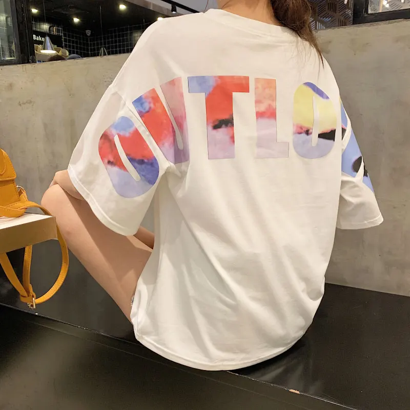 

Short sleeve women t-shirt tops & tees 2019 New spring girl harajuku plus size loose colorful letters leisure long clothes shirt