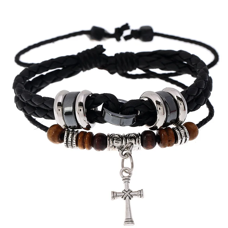 

Vintage Black/Brown Multilayer Leather Bracelet Bangles for man woman Cross Pendant Hand Jewelry Drop shipping
