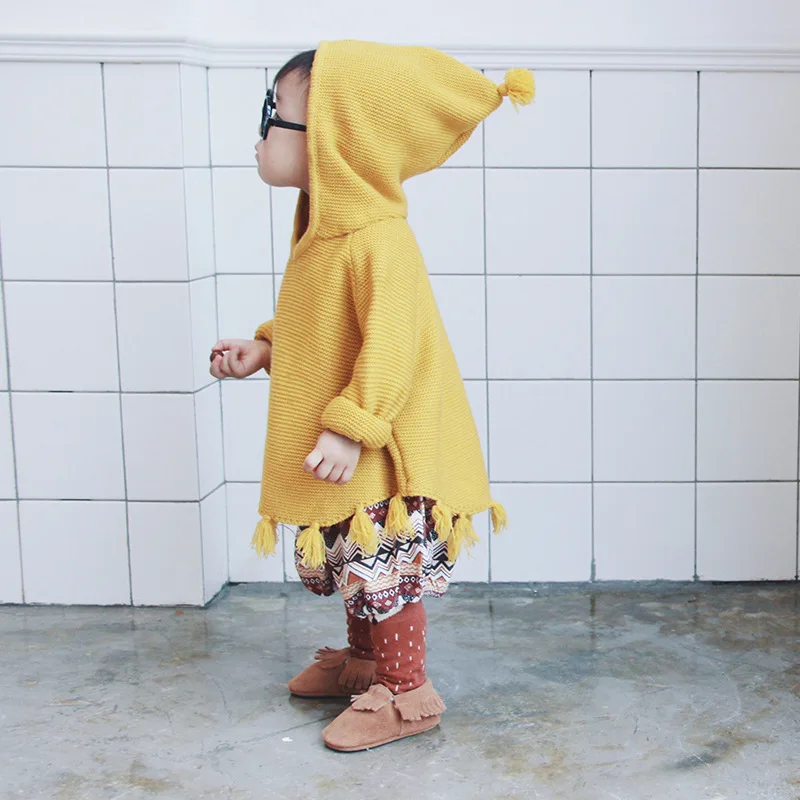 

girl autumn winter coat new fashion baby girls poncho jacket children outwear romantic tassels with hat solid kids clothes