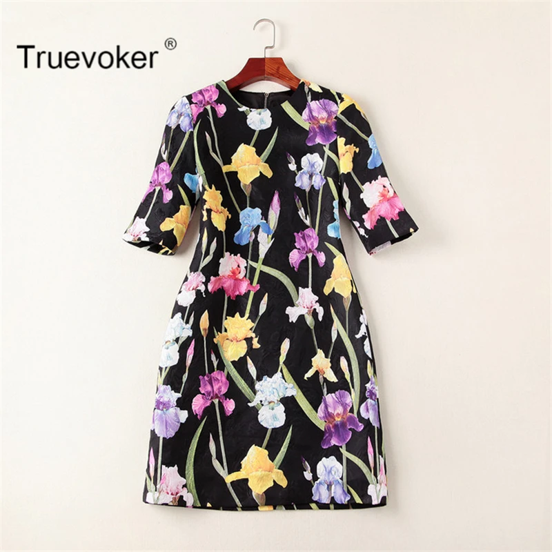 

Truevoker Summer Designer Dress Women's High Quality Half Sleeve Elegant Multicolor Flower Printed Black Embossed Dress