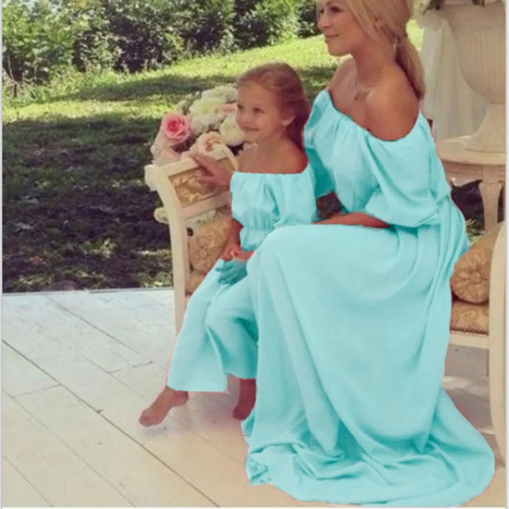 Летняя стильная одежда для всей семьи платья трапециевидной формы для мамы и дочки однотонное синее платье принцессы с открытыми плечами длиной до щиколотки