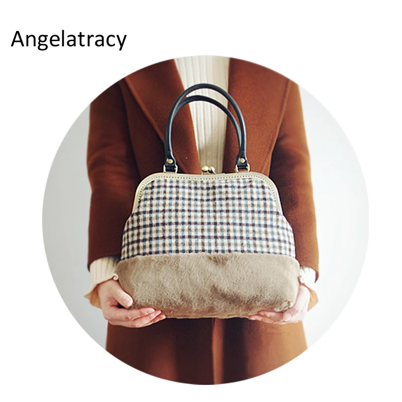 Женская сумка из искусственного меха Angelatracy большая с вставкой шерсти кофейного