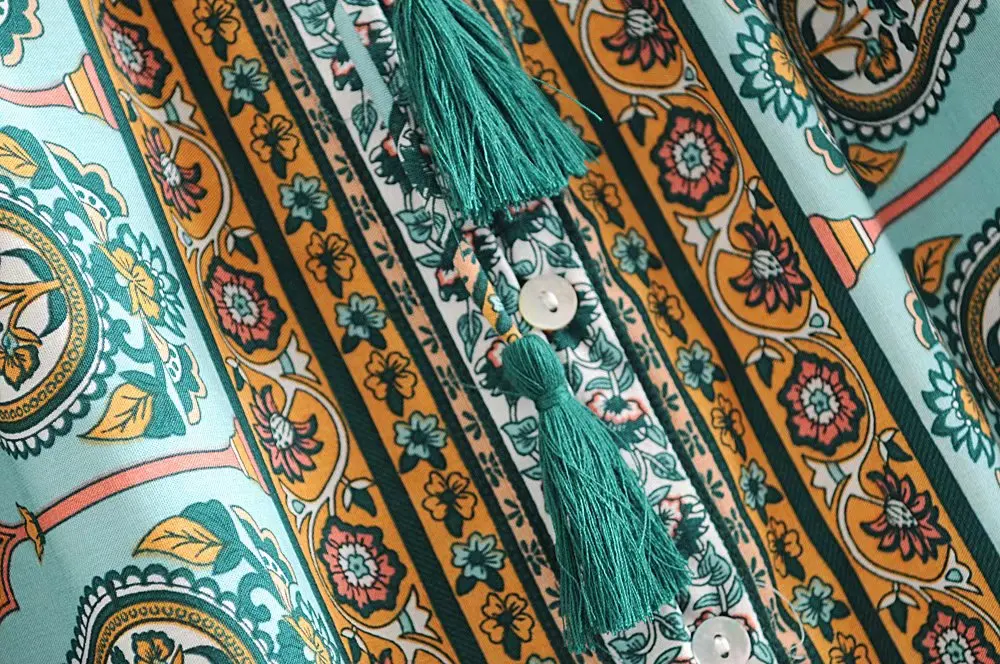 Праздничное летнее платье, женское винтажное Зеленое Длинное Платье макси с принтом, женское вместительное платье с рукавом, v-образный вырез, ТРАПЕЦИЕВИДНОЕ повседневное пляжное платье в стиле бохо