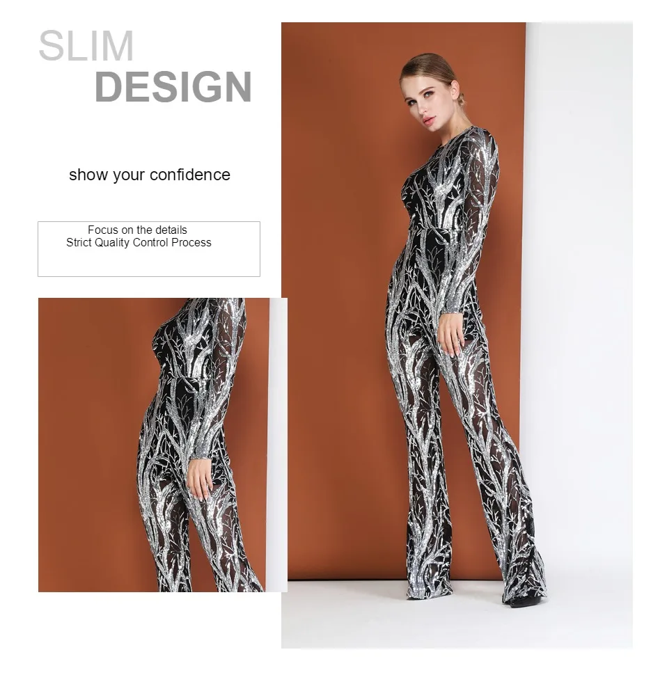 INVOGUE. IMVOGUE New Arrival Elegant Sequin O Neck Color Block Long Sleeves Bodycon Party Jumpsuit