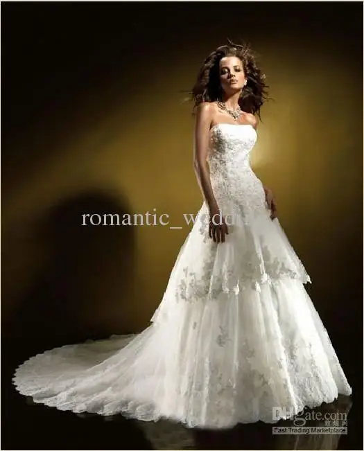 Strapless A Line Tiers Wedding Dress Brush Train Bridal Gown Size Custom New | Свадьбы и торжества
