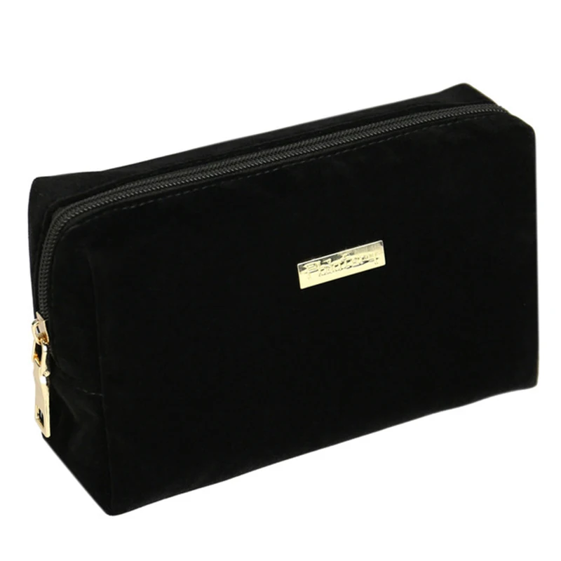 Large Cosmetic Bags Solid Black Beauty Case Flocking Makeup Pouch ...