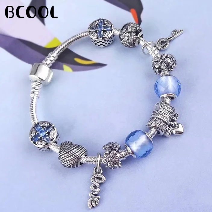 

100% 925 Sterling Silver 1:1 Original Engraving 2019 Women's Bracelet Blue Key Crystal Beads Charm Jewelry Silver Free Package