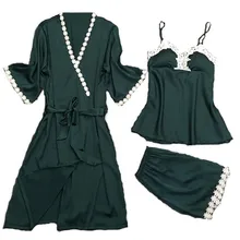 Daeyard, новинка, весна-лето, сексуальный атласный шелковый халат и платье, комплект, до колен, банный халат и шорты с вышивкой, комплект из 3 предметов, элегантный костюм