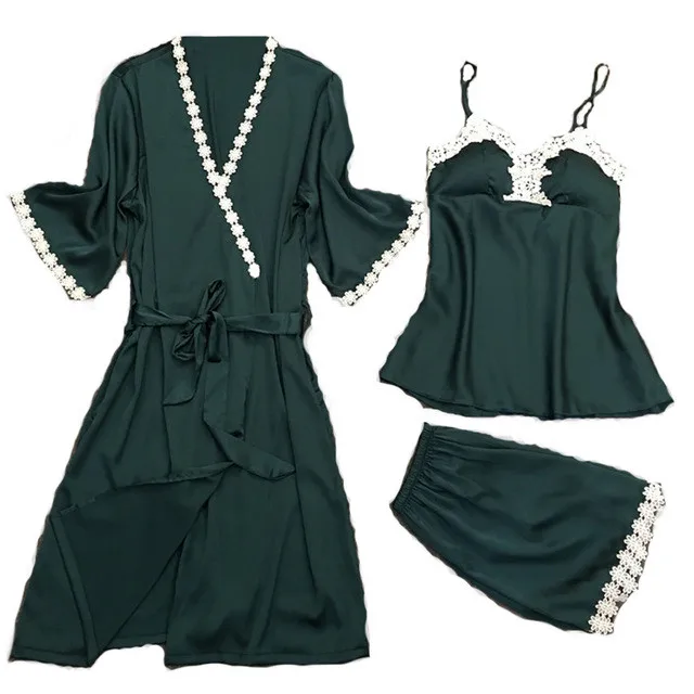 

Daeyard New Spring Summer Sexy Satin Silk Robe And Gown Set Knee-Length Bathrobe & Embroidery Shorts Set 3 Pcs Elegant Suit