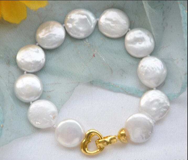 

Z5573 REAL 8" 14mm white coin freshwater pearl bracelet @^Noble style Natural Fine jewe FREE SHIPPING