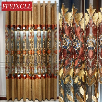 

Embroidered Blue Brown Luxury Europe Curtains For living Room Bedroom Window Tulle Curtains Drapes Decoration Window Screening