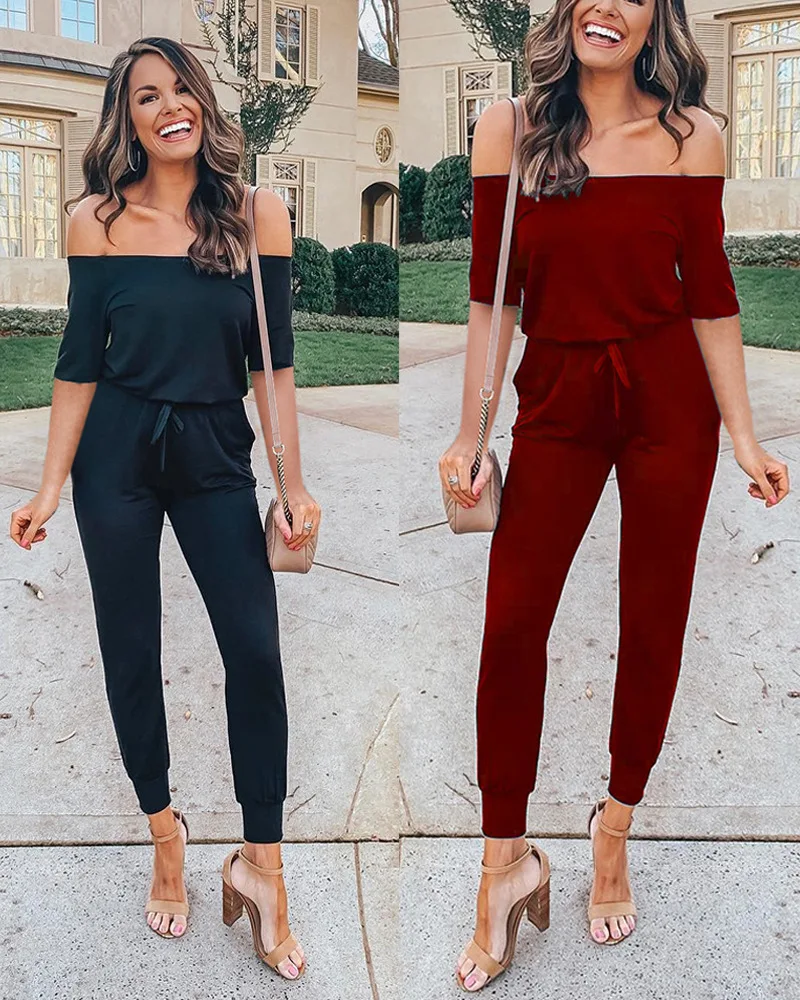 

2019 New summer sexy backless jacket off-the-shoulder women jumpsuits with short sleeves