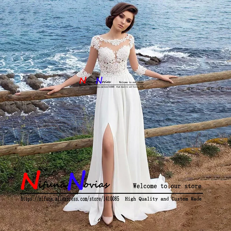 

Robe de Mariage Cheap Beach Wedding Dress 2019 Sexy Sheer Lace 3/4 Long Sleeves Chiffon Wedding Dresses vestido de noiva praia
