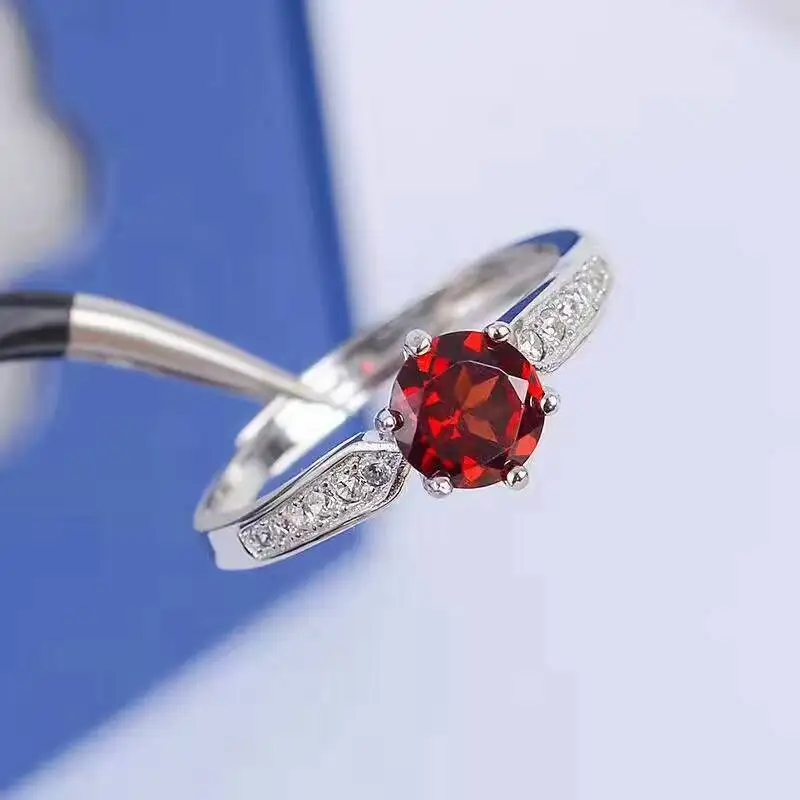 Promotion fashion garnet gemstone ring 6mm natural wine red garnet stone silver ring solid 925 sterling silver garnet jewelr