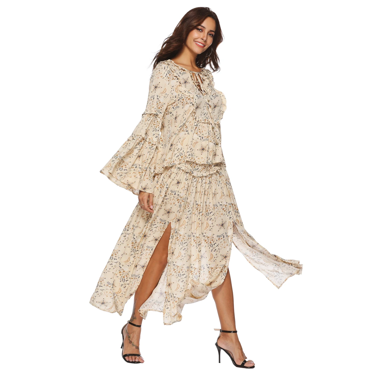 

Jastie Boho Beach 2 Piece Set Dress Rayon Floral Print Tie V-Neck Top+Slit Sides Sexy Maxi Skirt Two Piece Suit Womens Set Dress