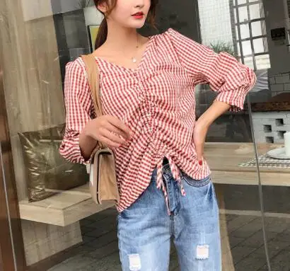 women Shirts Spring Autumn 2019 New Loose female V Neck Plaid casual Puff Sleeve tops