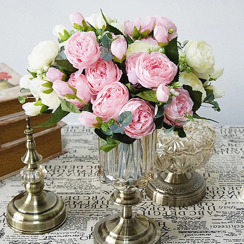 

5 Heads bouquet Colorful Rose Peony Artificial Silk Flowers Small Bouquet Flores Home Party Fake Flower Wedding Decor Flower