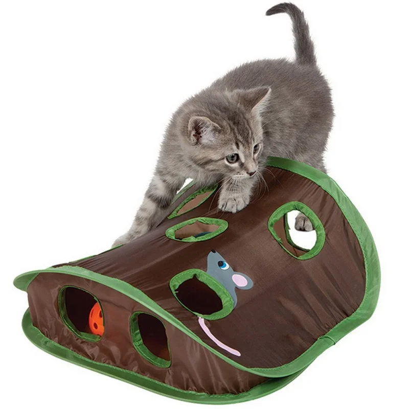

Cat Mice Toy Hide & Seek Game Collapsible Puzzle Exercise Toy 9 Holes Mouse Hunt with Bells