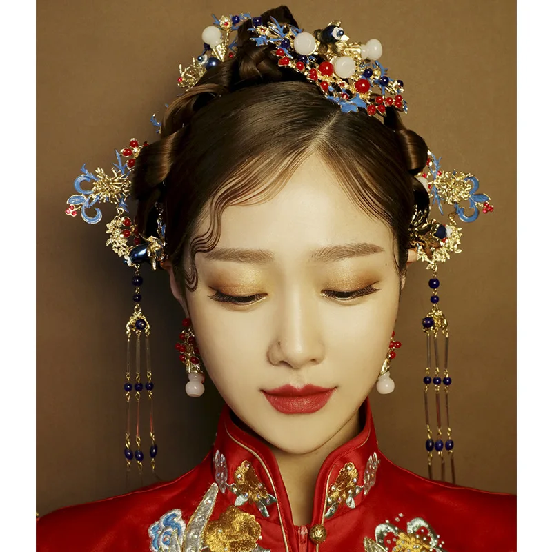 Китайский винтажный головной убор невесты, украшенный бисером и кисточками, белковые заколки для волос, гребень, украшение для волос с кристаллами, винтажные свадебные аксессуары для волос