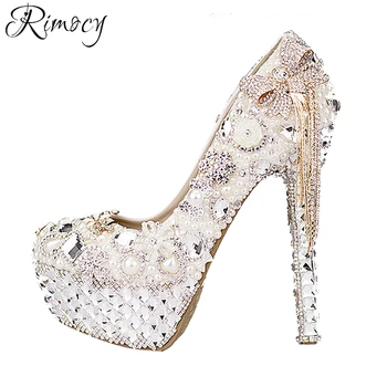 

Rimocy custom crystal wedding shoes women white rhinestone and pearls bowtie super high heels platform pumps woman sexy shoes