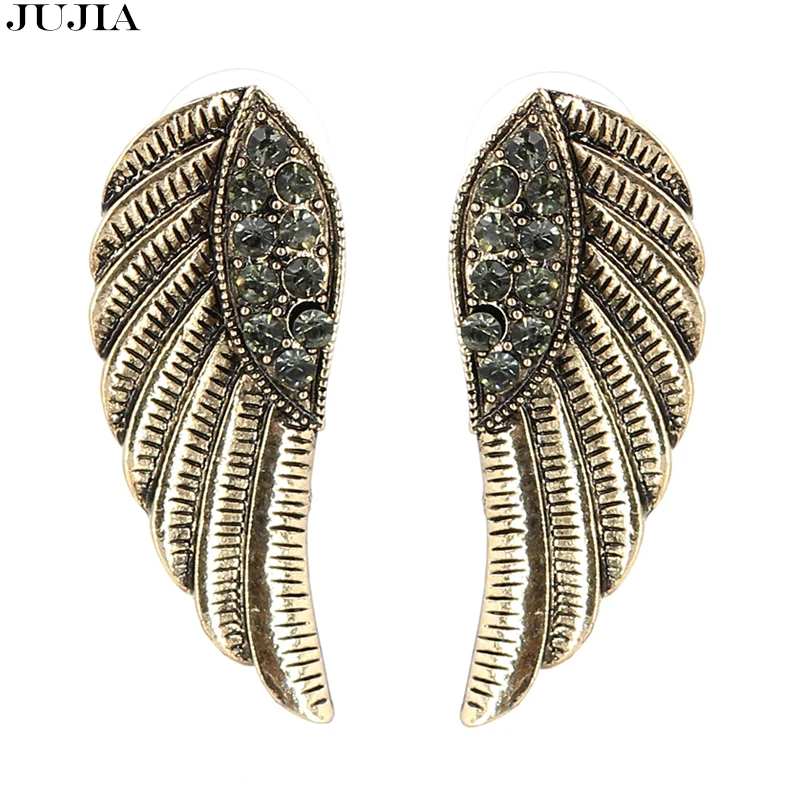 

2019 2 colors Crystal Fashion bronze vintage Statement Crystal Angel Wing Stud Earrings for Women gift Birthday boho jewelry