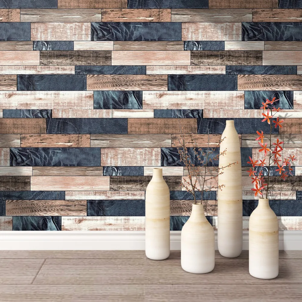 

HaokHome Vintage Wood Wallpaper for walls 3D Blue/Brown Vinyl Contact Paper Home For Living room Bedroom kitchen Wall Decor