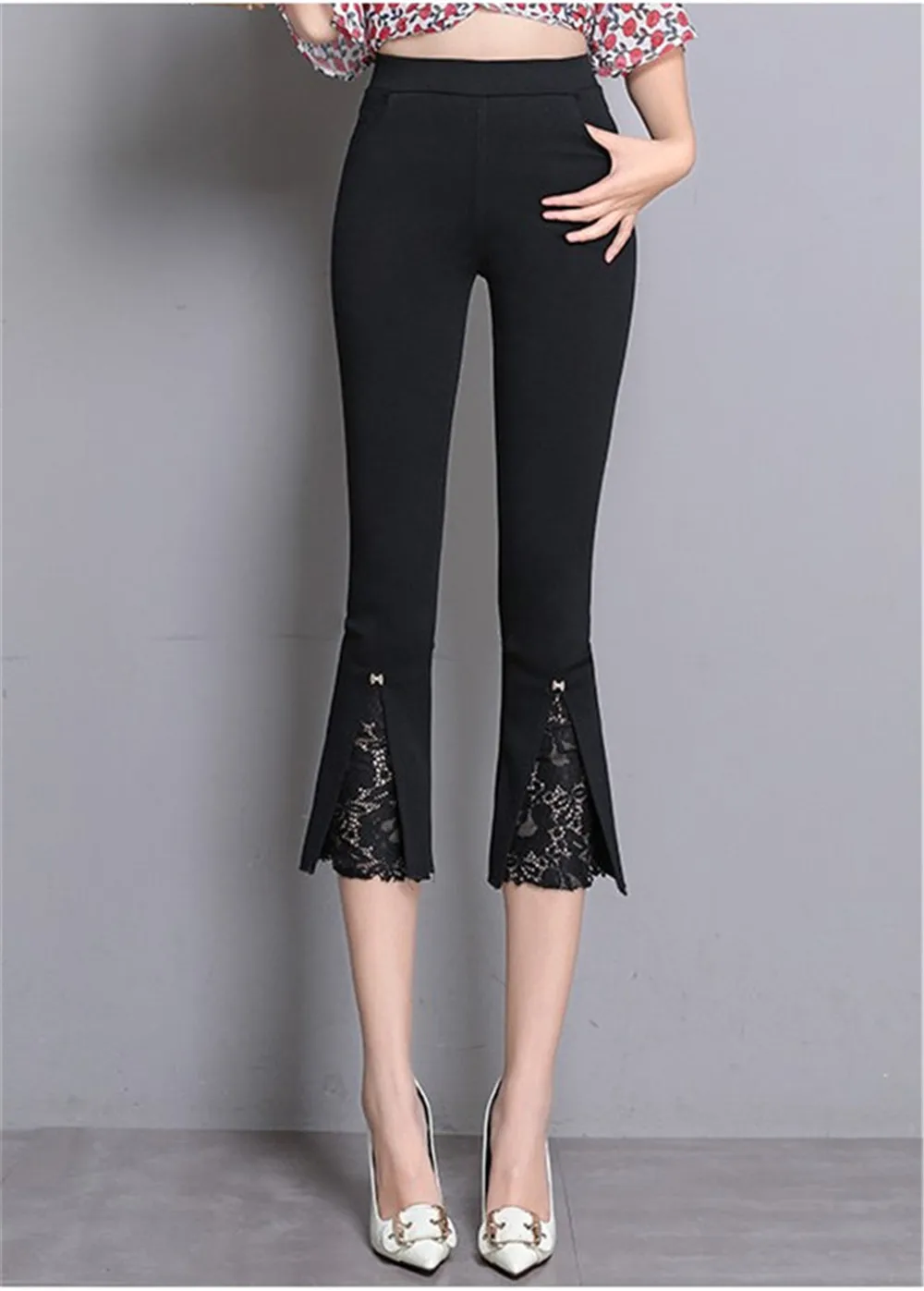 

Plus Size 2018 Spring Woman Stretch Hight Waist Lace Pants Office Lady Casual Female Simple Flare Korean Pants