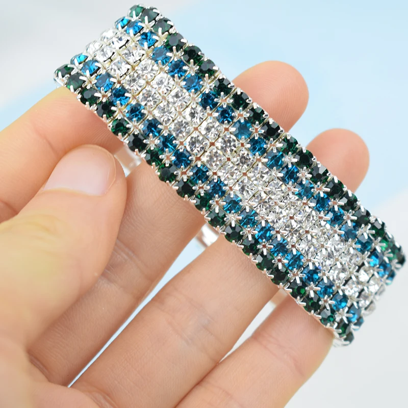Fashion 6 Rows Full Crystal Rhinestone Elastic Bracelet Royal Blue Wide Bracelet Bling Wristband Women Wedding Bridal Jewelry 3