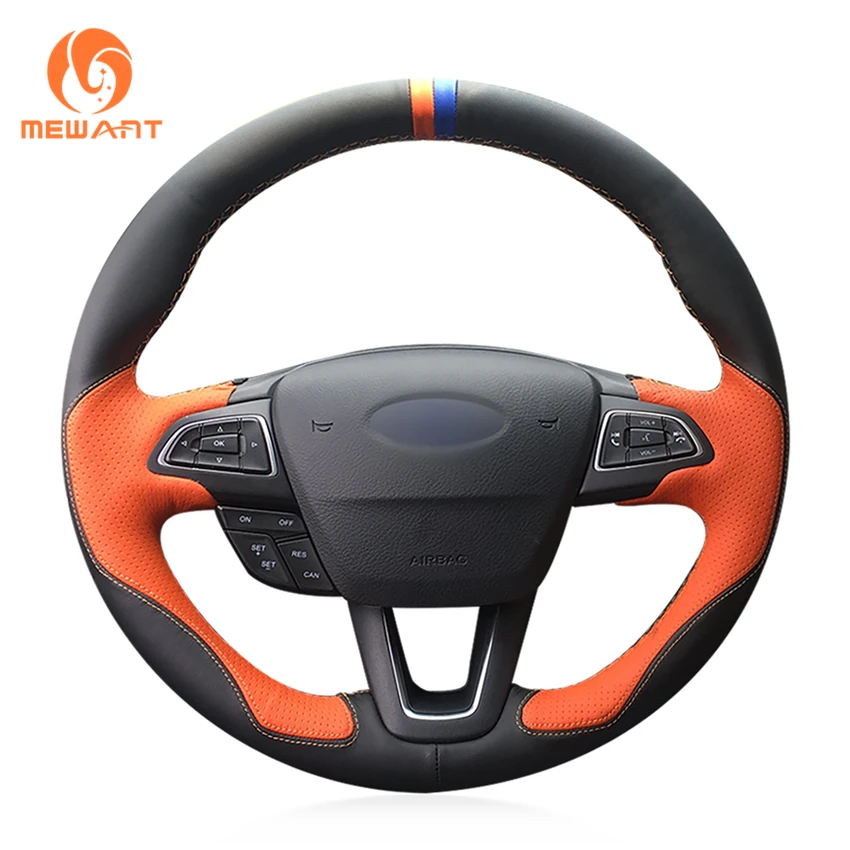 MEWANT Black Leather Orange Leather Steering Wheel Cover for Ford Focus