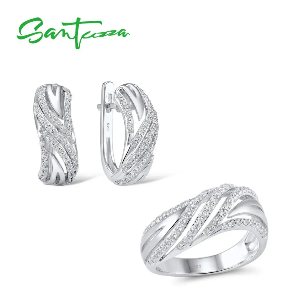 Conjunto de Jóias para as Mulheres Santuzza Puro Prata Esterlina Cintilante Branco Zircônia Cúbica Anel Brincos Conjunto Simples Moda Jóias 925