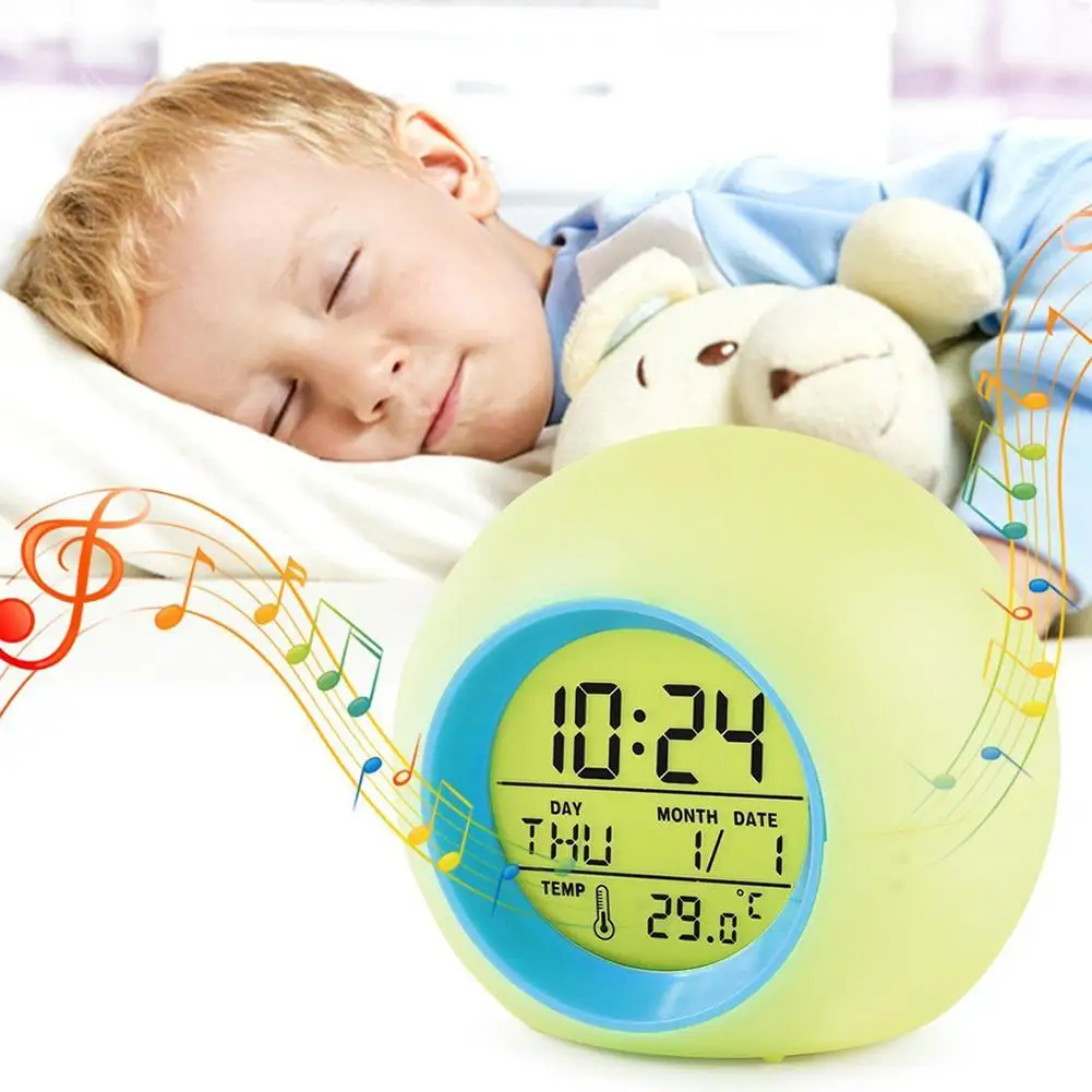 

Round Colorful Backlight LED Digital Clock Wake Up Time Date Temperature Display Snooze Function Alarm Clock Home Desk Decor