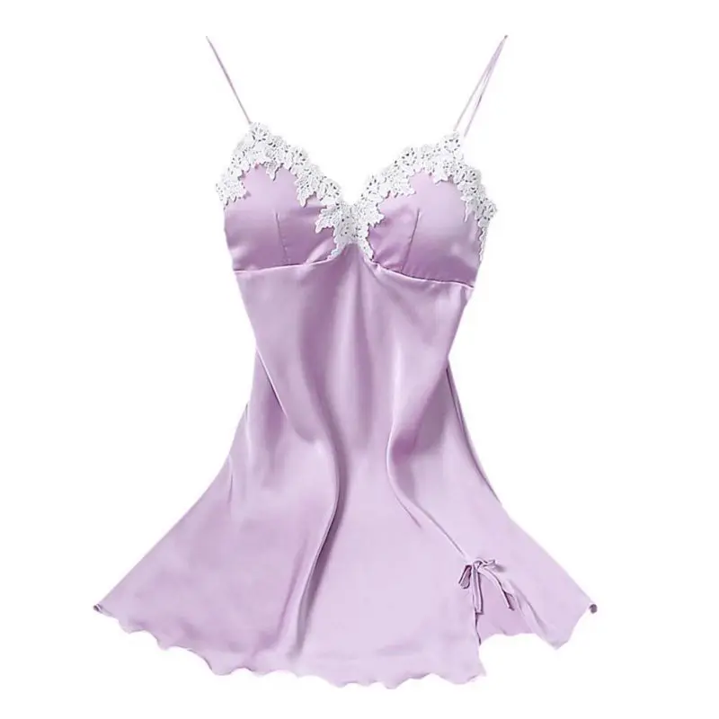Пикантные женские сна сплошной цвет юбка слинг кружево с груди Pad пижама из искусственного шелка Роскошные Благородный мини сна для женщин - Цвет: Фиолетовый