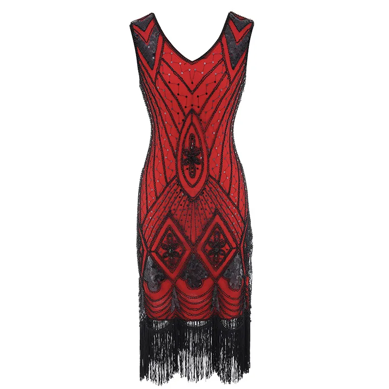 Women 1920 s Gatsby Dress Summer Sexy Party Dresses Beading V Neck Vintage Tassel Stripe Sequin Draped Fringe Flapper Dress (2)