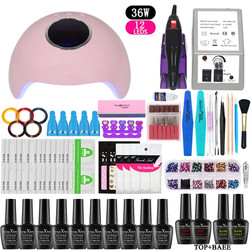 Nail Set 36/48/72W UV LED Gel Lamp for Nails Manicure Set 10 pieces Gel Nail Polish Varnish Extension Polygel Tool Kit nail kit - Цвет: 36w led lamp