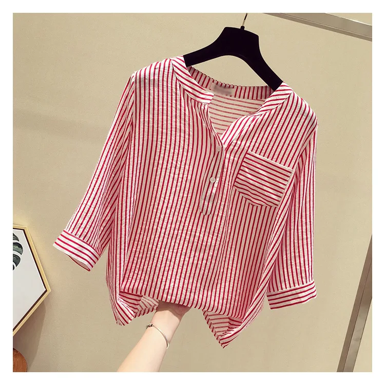 Striped Shirt Female New Summer Chiffon Loose V Collar Blouse Clothes Three Quarter Sleeved Casual Fashion Girl Top Shirts H9006 5