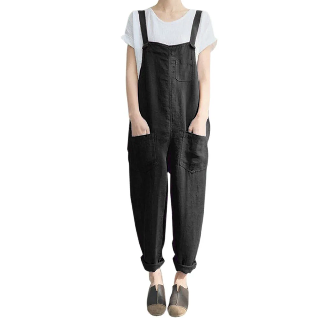

Women Sleeveless Dungarees Loose Pocket Cotton Linen Long Playsuit Party Jumpsuit High Street Style 2019 New Long Playsuit#G20