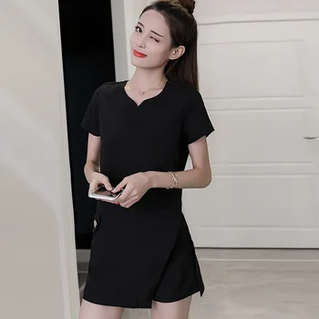 

Solid Two Piece Set Office Lady Slim O-Neck Short-Sleeve Pullover Tops And Elastic Waist Pockets Shorts Fashion Mini Women Sets