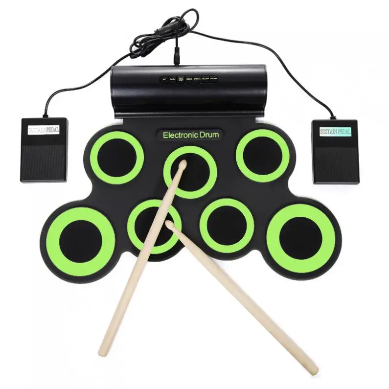 Свернутый электронный барабанный набор 7 силиконовых подушечек Встроенные динамики с барабанными палочками поддержка педали USB MIDI 3 цвета на выбор