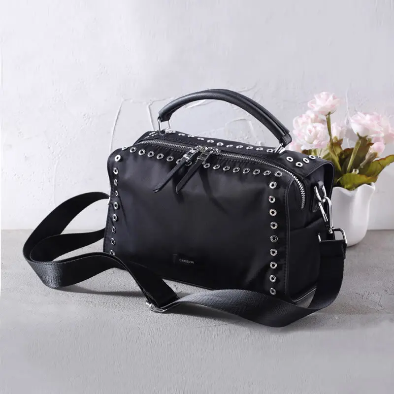 

Women Crossbody Bag Nylon Waterproof Lady Handbag Work Party Travel Female Shoulder Rivets Black European Style Designer Brand