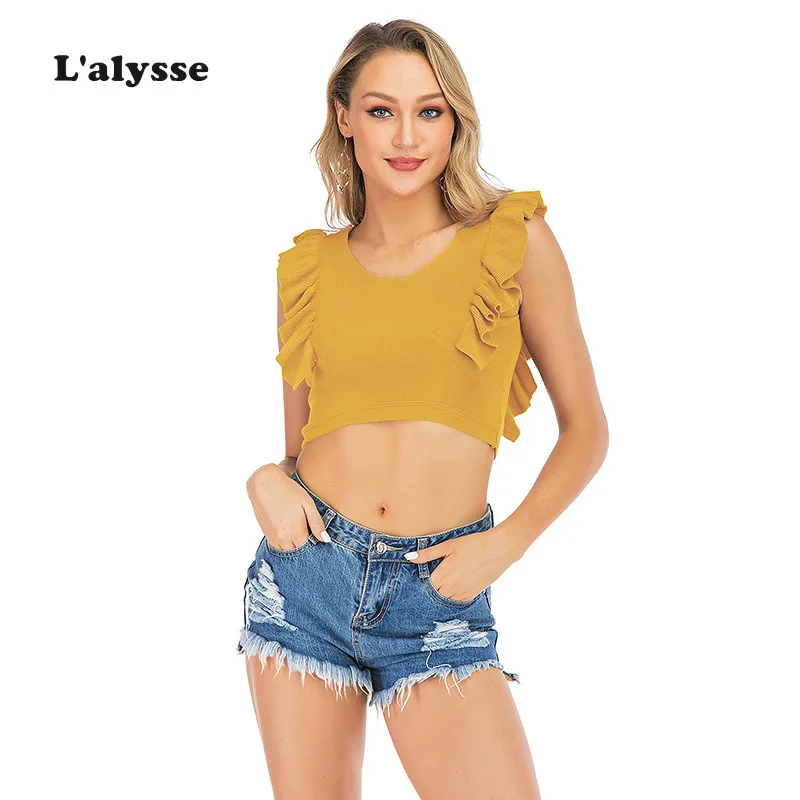 

LALYSSE Summer New Women Tank Tops Lotus Leaf Slim Slimming Solid Color Wild Knitted Camisole Outside Wearing Female Tank Top